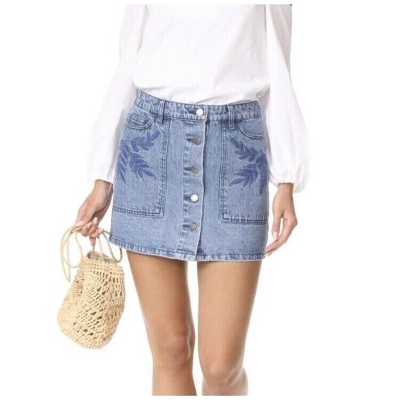 REBECCA MINKOFF Rufus Flower Embroidered Denim Mini‎ Skirt Size 2/ 25 / XS - Picture 1 of 13
